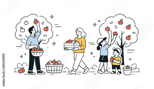 Family Orchard Adventure. Family apple picking. Family walking through an orchard and picking apples together, calm outdoor activity and warm seasonal mood.