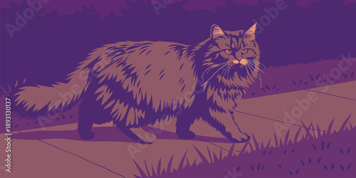 Artistic purple Maine Coon cat portrait walking through grass in a bold style