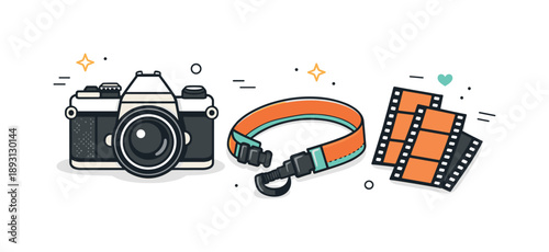 Vintage Camera Artistry. Film photography tools. Manual camera body, strap, and exposed film strips positioned neatly, highlighting tactile gear and vintage