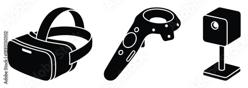 Isometric virtual reality vector illustration of headset controller and sensor equipment
