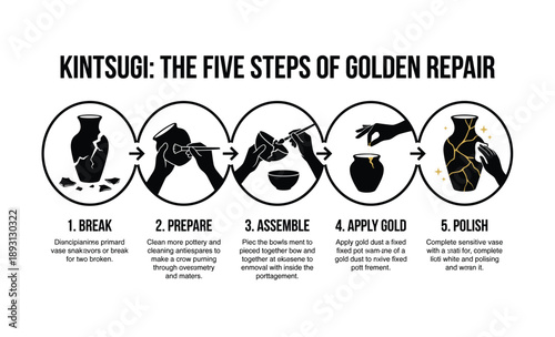 Kintsugi the five steps of golden repair break prepare assemble apply gold and polish a broken vase