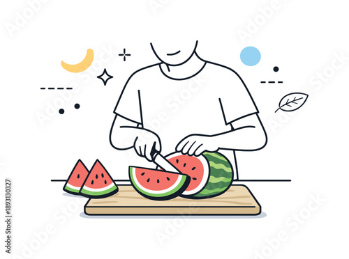 Watermelon Slicing Artistry. Preparing watermelon. A person slicing a watermelon on a cutting board, subtle abstract decorative shapes floating above. Calm,
