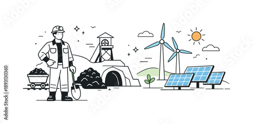 Coal vs Clean Energy. Coal mining and the future of energy. A miner standing near a simplified coal mine while clean energy symbols like wind turbines and