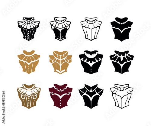 Victorian Fashion Icon Set. Victorian fashion. Icon set. Set Logo of Victorian fashion: ruffled collar and bodice. harmonious logo variations of the same