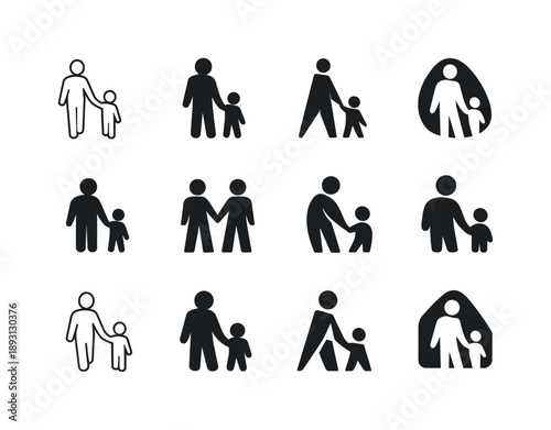 Parent-Child Logo Set. Parent-child connection. Icon set. Set Logo of parent-child connection: parent holding child?s hand. harmonious logo variations of the