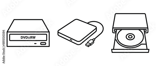 Outline dvd player optical device media station with disc vector illustration design set