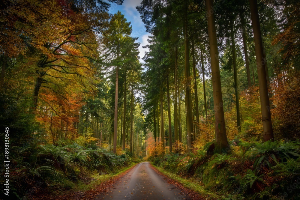 Fototapeta premium Scenic Autumn Forest Road Surrounded by Lush Greenery and Trees