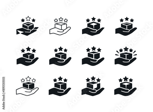 Product Recommendation Icons. Product recommendations. Icon set. Set Logo of product recommendations: hand presenting product with rating stars. harmonious