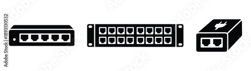 Set of black vector icons illustrating network switches and ethernet hubs