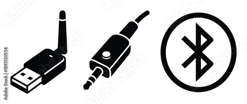 Set of black vector icons depicting wifi adapter audio jack bluetooth symbol