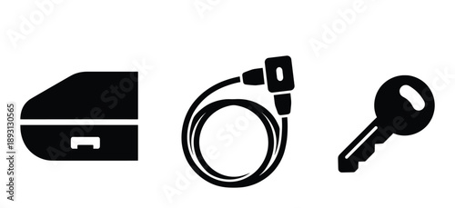 Set of black vector icons including portable hard drive electric vehicle charger car key