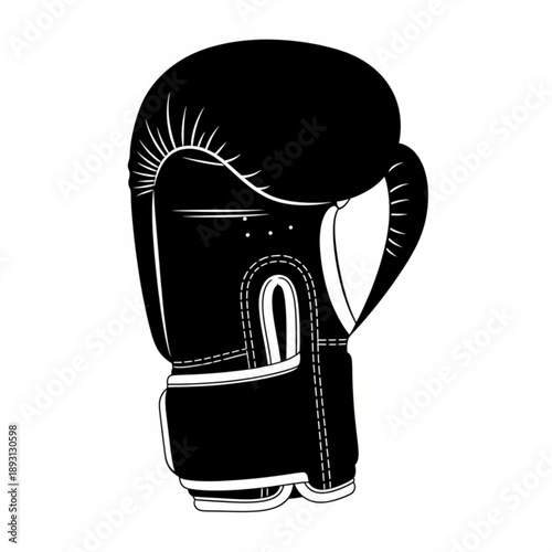 A black boxing glove with white stitching