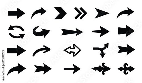 Set of twenty vector black arrow glyphs for different direction indicating