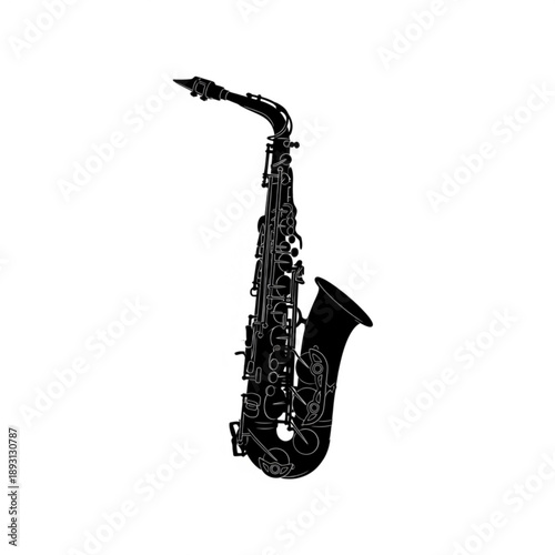 A sleek black saxophone with intricate details