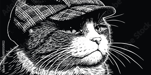 Detailed Engraving Style Illustration of a Dapper Cat in a Newsboy Cap