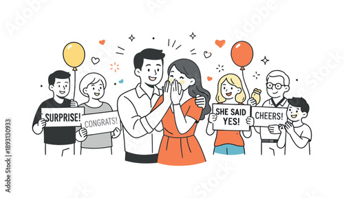 Engagement Celebration. Surprise engagement party. Friends and family holding small signs and balloons as the couple reacts with joy. Friendly, warm, and