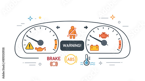 Dashboard Safety Alerts. Car dashboard with indicators warning lights. An editorial scene highlighting dashboard alert symbols gently lighting up,