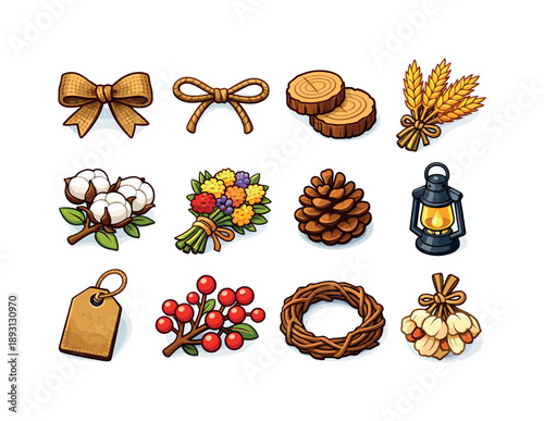 Rustic Wreath Icons. Rustic wreath. Colorful isometric vector icons set of rustic wreath: burlap ribbon, twine bow, wood slices, wheat stalks, cotton stems,