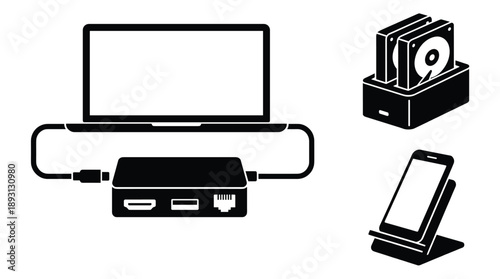 Usb hub and dock vector icon for computer laptop connection with external hard drive and phone charging