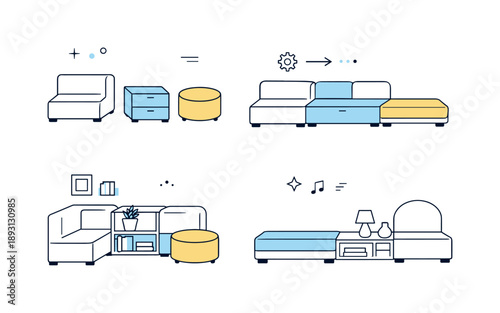 Modular Furniture Concept. Furniture modular system. An abstract editorial set showing modular furniture blocks that can be combined in different layouts.