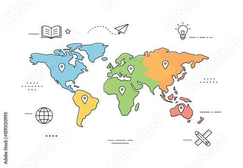 Minimalist Educational World Map. World map education graphic. A simplified map designed for learning, with clearly separated continents and minimal geographic