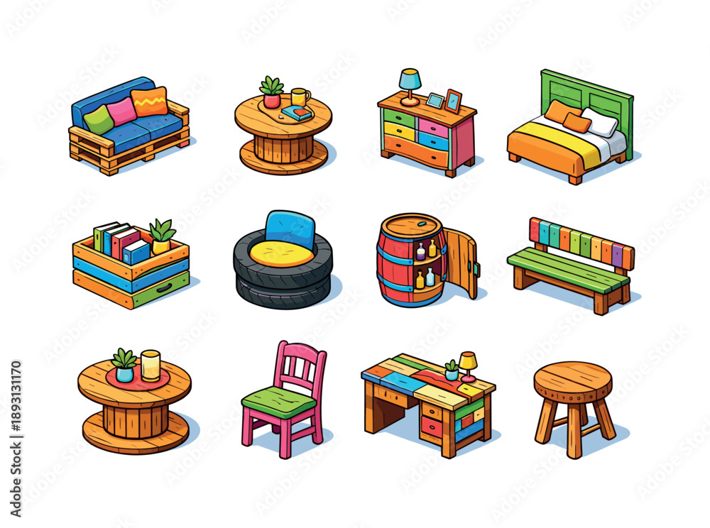 Fototapeta premium Upcycled Furniture Icons. Upcycled furniture. Colorful isometric vector icons set of Upcycled furniture: pallet couch, spool coffee table, refurbished dresser,