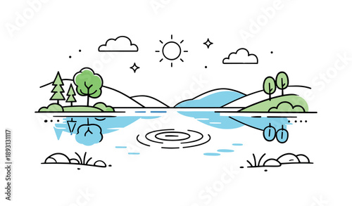 Tranquil Lakeside Reflection. Lakeside landscape. A quiet lake surrounded by simple hills and trees, smooth water surface reflecting the sky. Calm atmosphere