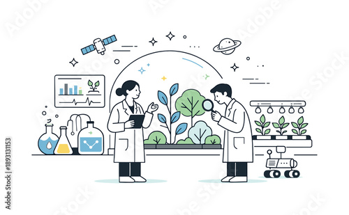 Futuristic Habitat Research. Artificial habitat research. Scientists calmly observing plants and systems inside a controlled environment. The mood feels