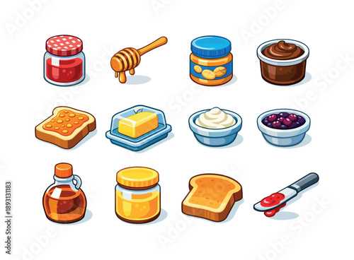 Breakfast Spread Icons. breakfast spreads. Colorful isometric vector icons set of breakfast spreads: jam jar, honey dipper, peanut butter jar, chocolate spread