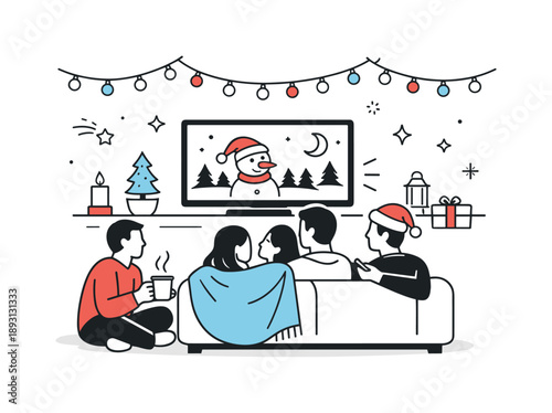 Festive TV Gathering. Group watching holiday TV special evening. Group relaxing together as evening lights and subtle festive decor frame the scene. Peaceful
