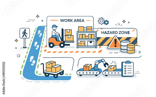 Warehouse Safety Layout. Industrial floor markings. A simplified warehouse layout showing pedestrian paths, hazard zones, and work areas marked on the floor.