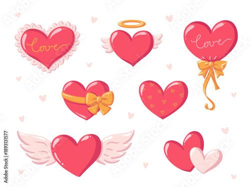 Cute pink and red heart love symbols set. Cartoon vector illustration collection isolated on white background 