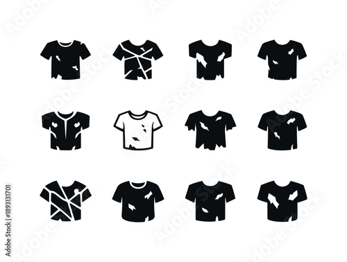 Aged T-Shirt Icons. Worn T-shirt. Icon set. Set Logo of worn T-shirt: soft aged clothing icon. harmonious logo variations of the same emblematic concept, each