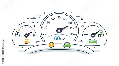 Modern Car Dashboard. Car dashboard with indicators. A clean interior scene showing a modern car dashboard with speedometer, fuel and battery indicators