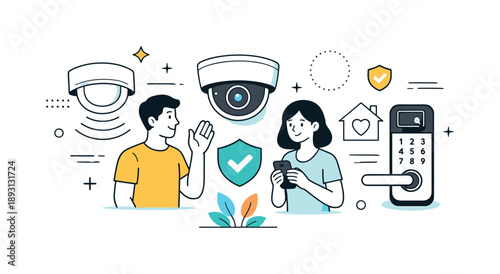 Home Security Symbols. Crime / security and safety visuals. Clean modern scene showing home security symbols like motion sensor, camera and door lock, friendly