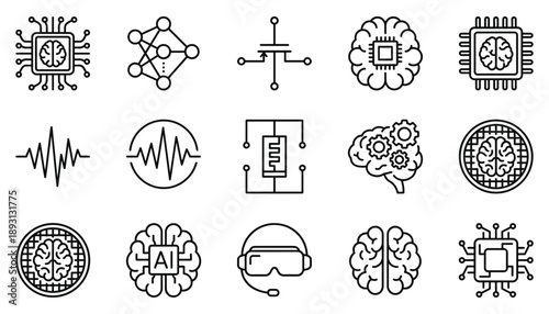Ai and deep learning algorithm line icons set brain process and neural network futuristic technology