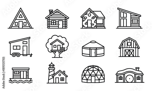 Alternative housing architecture icons for tiny homes cabins yurts and sustainable living structures