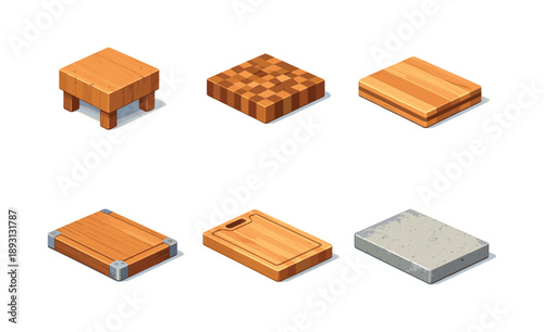Isometric Butcher Board Icons. Butcher board. Isometric flat vector icons set of butcher board: heavy wood chopping block, square end-grain board, thick