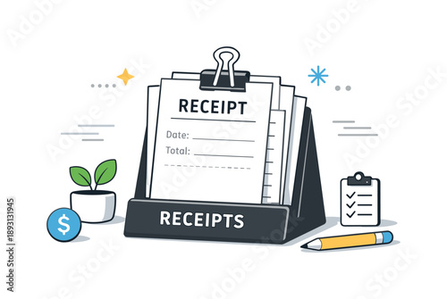 Minimalist Receipt Holder. Receipt holder for office use. A minimal receipt stand on a desk with neatly arranged slips, showing order and clarity. Quiet