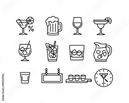 Happy Hour Icons. Happy hour drinks. Line icon set of Happy hour drinks: discounted cocktail, beer mug, wine glass, margarita, spritz, mojito, whiskey glass,