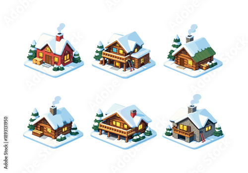 Isometric Snow Lodges. Snow Cottages and Lodges. Isometric flat vector icons set of Snow Cottages and Lodges: winter brick cottage, alpine ski lodge, pine roof