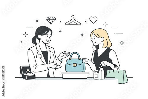 Refined Commerce Interaction. Boutique-style luxury trade. A seller and buyer interact politely over premium merchandise, showing personalized service and