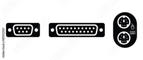 Computer ports and connections for serial ata ps2 and db9 db25 connectors on transparent background