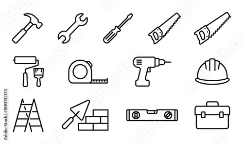 Construction tools linear icons collection isolated on transparent background for handyman service