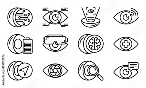 Cyber eye technologies set with digital interface, virtual reality, bionic lens and futuristic retina