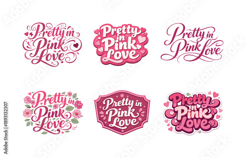 Harmonious Pink Lettering. Pretty in pink love. Set lettering. harmonious lettering variations of the same emblematic concept, each with different artistic