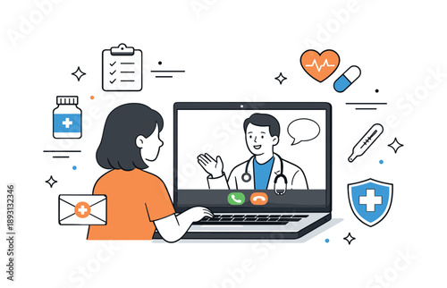Virtual Health Consultation. Online doctor consultation. A doctor speaking with a patient through a video call on a laptop or smartphone. Modern telemedicine