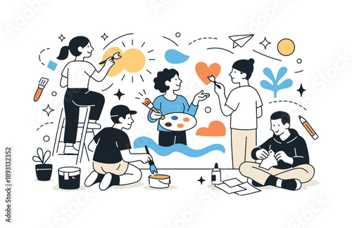 Community Art Collaboration. Art and community. People collaborating on a shared mural or creative project in a public space, expressing connection and
