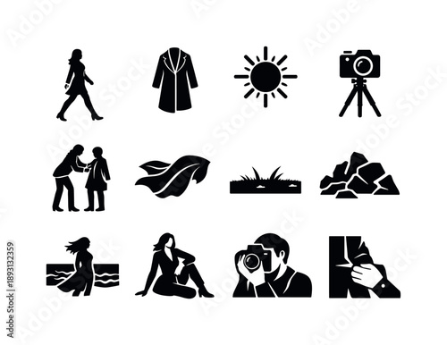 Outdoor Fashion Icons. Outdoor fashion shoot. Solid icon set of Outdoor fashion shoot: model walking, long coat, natural light sun, camera tripod, stylist