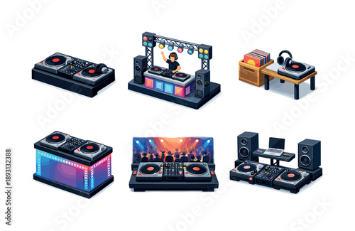 DJ Performance Icons. Performance Setup. Isometric flat vector icons set of Performance Setup: turntable booth with mixer, DJ setup on stage, vinyl crate
